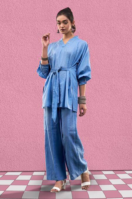 Shop_Affroz_Blue Cotton V-neck Solid Paneled Tunic And Trouser Set _Online_at_Aza_Fashions