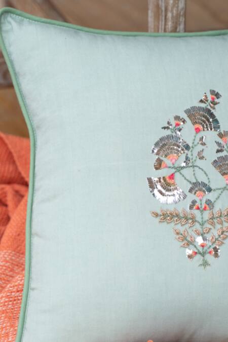 Aarti Sethia_Green Cotton Embroidered Sheesh Mahal Cushion Cover Single Pc_Online_at_Aza_Fashions