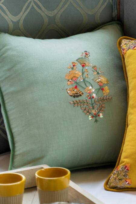 Buy_Aarti Sethia_Green Cotton Embroidered Sheesh Mahal Cushion Cover Single Pc_Online_at_Aza_Fashions