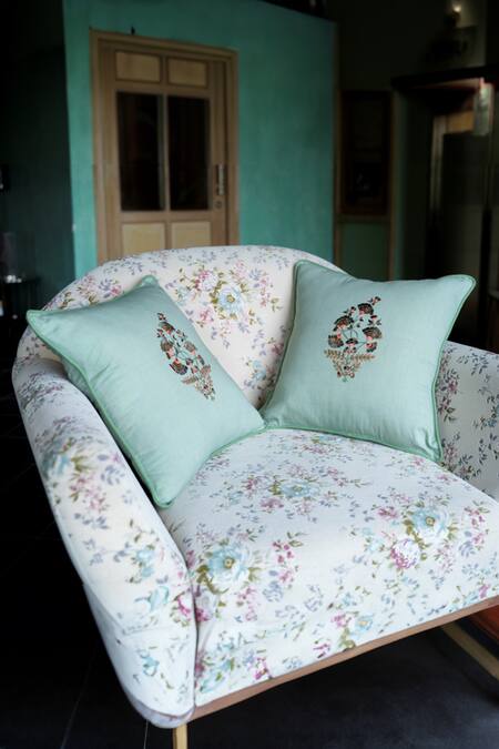 Shop_Aarti Sethia_Green Cotton Embroidered Sheesh Mahal Cushion Cover Single Pc_Online_at_Aza_Fashions