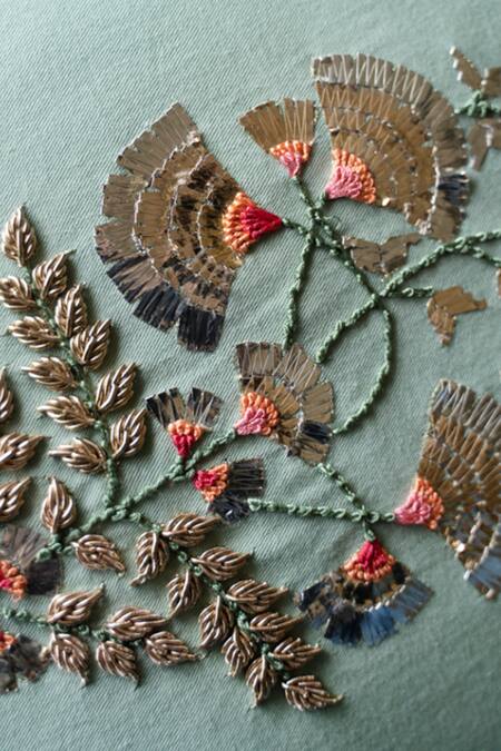 Aarti Sethia_Green Cotton Embroidered Sheesh Mahal Cushion Cover Single Pc_at_Aza_Fashions