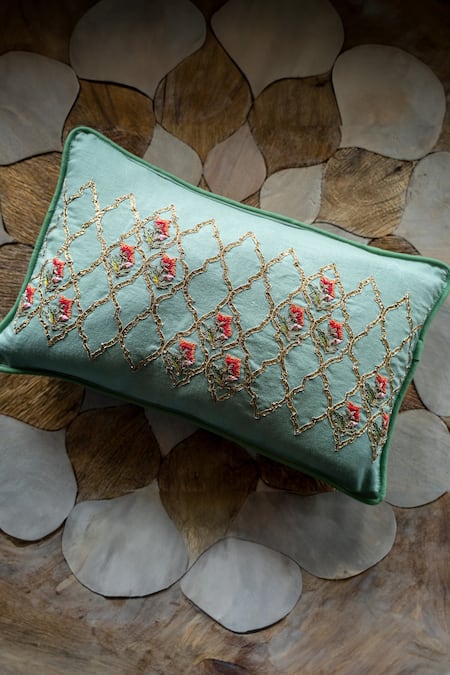 Aarti Sethia Green Cotton Embroidered Mehraab Cushion Cover Single Pc 