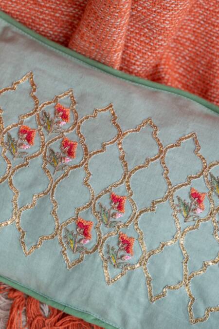 Aarti Sethia_Green Cotton Embroidered Mehraab Cushion Cover Single Pc_Online_at_Aza_Fashions