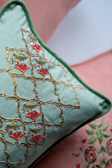 Buy_Aarti Sethia_Green Cotton Embroidered Mehraab Cushion Cover Single Pc_Online_at_Aza_Fashions