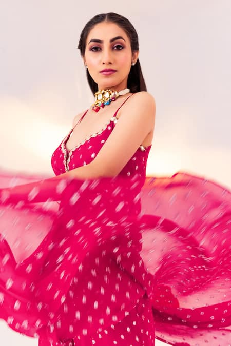 Buy Silky Bindra Pink Georgette, Silk Mirrors Split V-neck Polka Dot Woven Tunic And Pant Set Online at Aza Fashions Buy_Silky Bindra_Pink Georgette, Silk Mirrors Split V-neck Polka Dot Woven Tunic And Pant Set _Online_at_Aza_Fashions