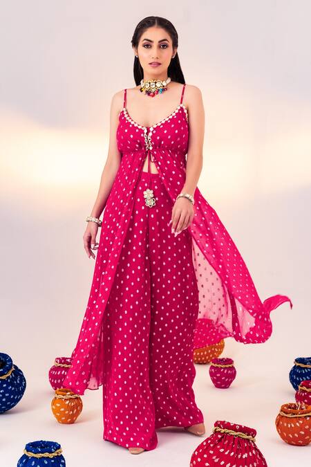 Shop Silky Bindra Pink Georgette, Silk Mirrors Split V-neck Polka Dot Woven Tunic And Pant Set Online at Aza Fashions Shop_Silky Bindra_Pink Georgette, Silk Mirrors Split V-neck Polka Dot Woven Tunic And Pant Set _Online_at_Aza_Fashions