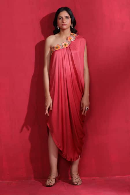 Ruh Clothing_Maroon Satin, Silk Embroidery One Shoulder Draped Dress _Online_at_Aza_Fashions