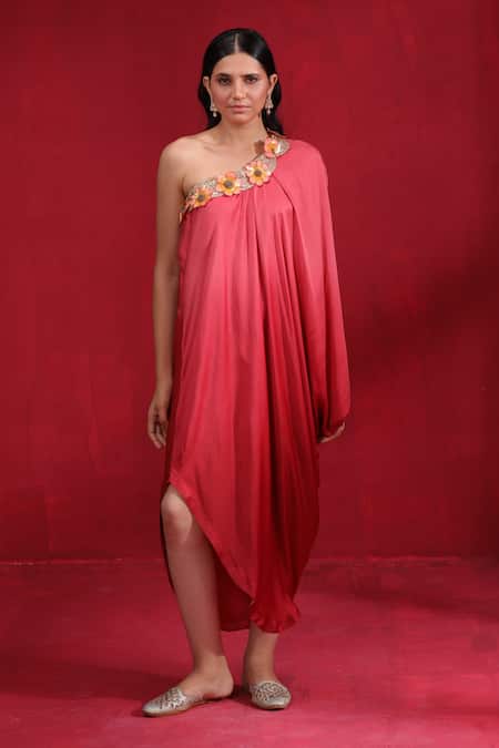 Shop_Ruh Clothing_Maroon Satin, Silk Embroidery One Shoulder Draped Dress _Online_at_Aza_Fashions