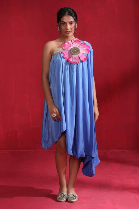 Ruh Clothing_Blue Satin, Silk Embroidery One Shoulder 3d Floral Applique Work Draped Dress _Online_at_Aza_Fashions