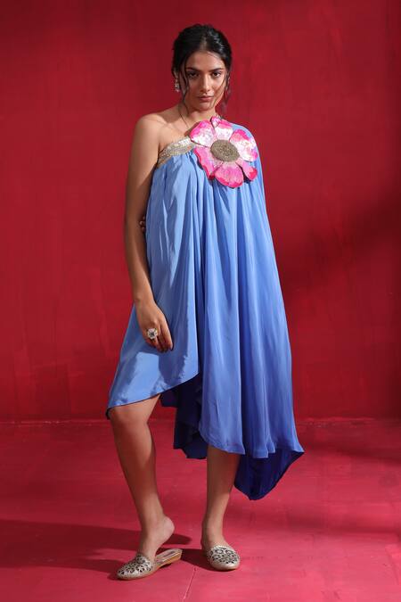 Ruh Clothing_Blue Satin, Silk Embroidery One Shoulder 3d Floral Applique Work Draped Dress _at_Aza_Fashions