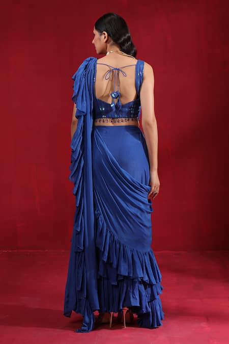 Ruh Clothing Pre-Stitched Ruffle Saree With Embroidered Blouse 