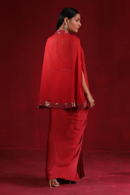 Ruh Clothing Embroidered Cape Pleated Skirt Set 