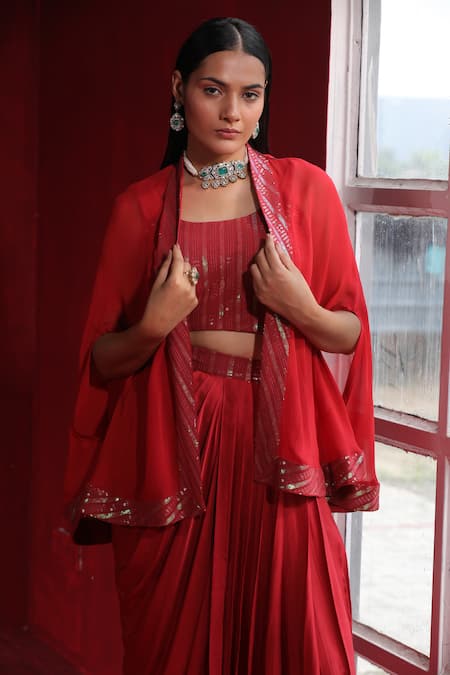 Ruh Clothing_Maroon Satin, Silk Sequins Round Neck Embroidered Cape Pleated Skirt Set _Online_at_Aza_Fashions