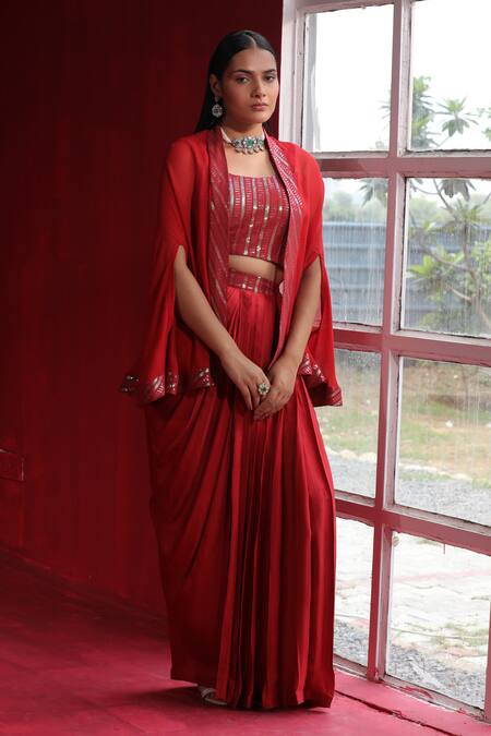 Buy_Ruh Clothing_Maroon Satin, Silk Sequins Round Neck Embroidered Cape Pleated Skirt Set _Online_at_Aza_Fashions