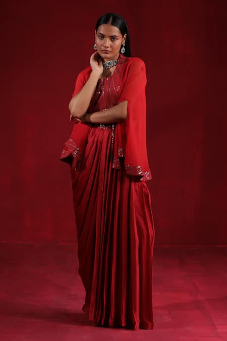 Shop_Ruh Clothing_Maroon Satin, Silk Sequins Round Neck Embroidered Cape Pleated Skirt Set _Online_at_Aza_Fashions