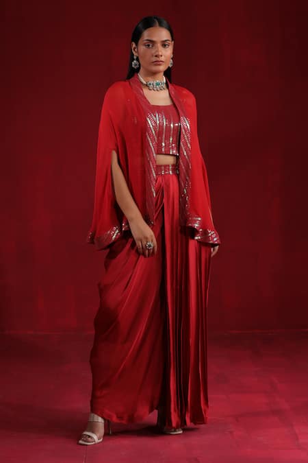 Ruh Clothing_Maroon Satin, Silk Sequins Round Neck Embroidered Cape Pleated Skirt Set _at_Aza_Fashions