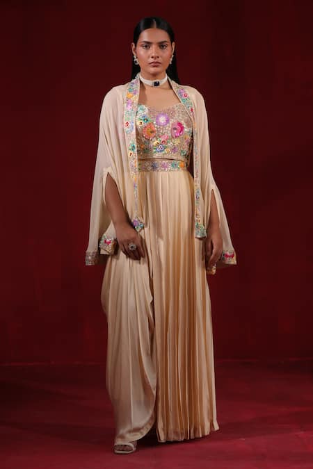 Ruh Clothing_Beige Satin, Silk Beads, Sequins, Pearls, Embroidery Blouse Pleated Skirt Set _Online_at_Aza_Fashions