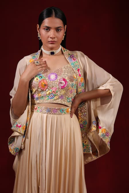 Buy_Ruh Clothing_Beige Satin, Silk Beads, Sequins, Pearls, Embroidery Blouse Pleated Skirt Set _Online_at_Aza_Fashions