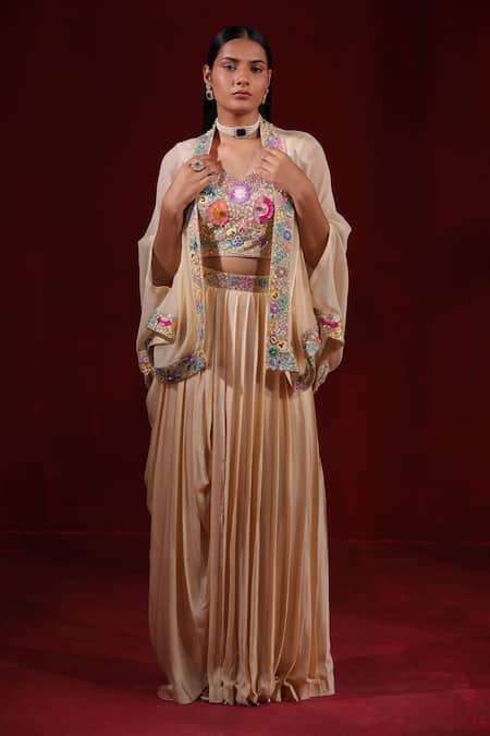 Shop_Ruh Clothing_Beige Satin, Silk Beads, Sequins, Pearls, Embroidery Blouse Pleated Skirt Set _Online_at_Aza_Fashions