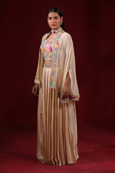 Ruh Clothing_Beige Satin, Silk Beads, Sequins, Pearls, Embroidery Blouse Pleated Skirt Set _at_Aza_Fashions