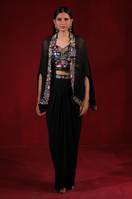 Ruh Clothing_Black Satin, Silk Pearls, Sequins, Beads, Floral Blouse Pleated Skirt Set _Online_at_Aza_Fashions