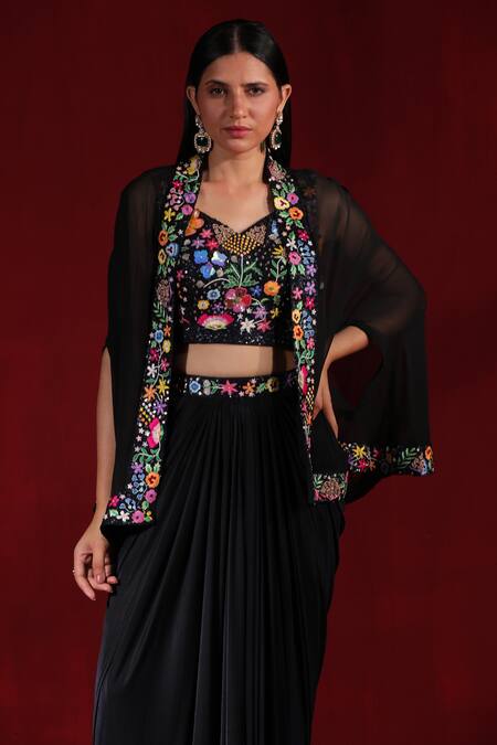 Buy_Ruh Clothing_Black Satin, Silk Pearls, Sequins, Beads, Floral Blouse Pleated Skirt Set _Online_at_Aza_Fashions