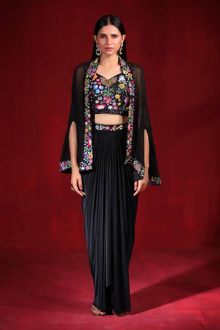 Shop_Ruh Clothing_Black Satin, Silk Pearls, Sequins, Beads, Floral Blouse Pleated Skirt Set _Online_at_Aza_Fashions