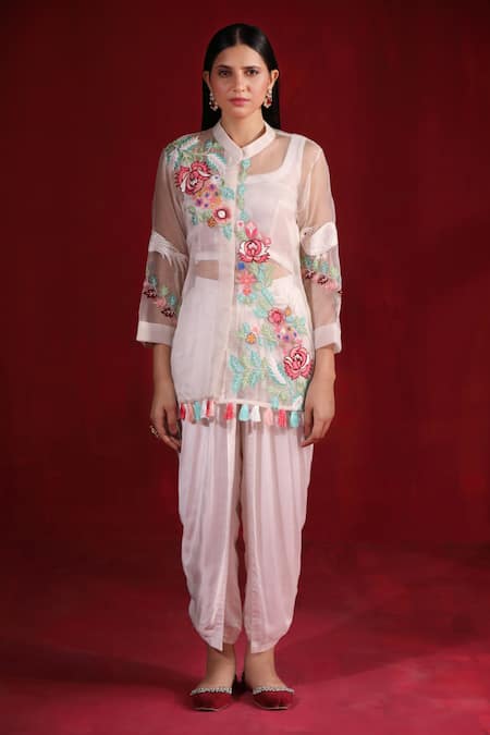 Ruh Clothing_Ivory Satin, Silk, Organza Embroidery, Tassels, Beads Round Kurta Dhoti Pant Set _Online_at_Aza_Fashions