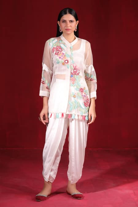 Buy_Ruh Clothing_Ivory Satin, Silk, Organza Embroidery, Tassels, Beads Round Kurta Dhoti Pant Set _Online_at_Aza_Fashions