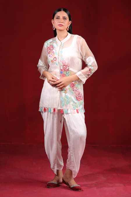 Shop_Ruh Clothing_Ivory Satin, Silk, Organza Embroidery, Tassels, Beads Round Kurta Dhoti Pant Set _Online_at_Aza_Fashions