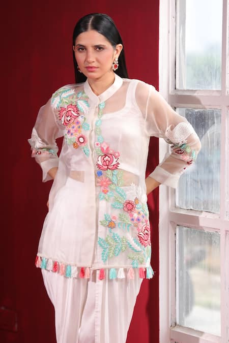 Ruh Clothing_Ivory Satin, Silk, Organza Embroidery, Tassels, Beads Round Kurta Dhoti Pant Set _at_Aza_Fashions