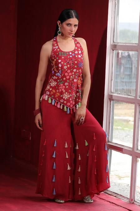Ruh Clothing_Maroon Chanderi, Chiffon Embroidery, Sequins, Floral Thread Top And Sharara Set_Online_at_Aza_Fashions