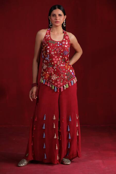 Buy_Ruh Clothing_Maroon Chanderi, Chiffon Embroidery, Sequins, Floral Thread Top And Sharara Set_Online_at_Aza_Fashions