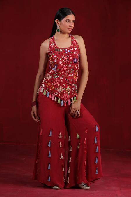 Ruh Clothing_Maroon Chanderi, Chiffon Embroidery, Sequins, Floral Thread Top And Sharara Set_at_Aza_Fashions