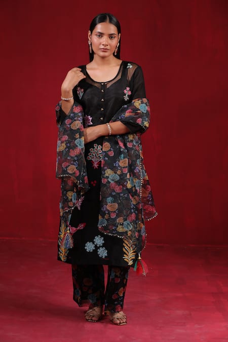 Ruh Clothing_Black Organza Beads, Embroidery Round Neck Thread Kurta Palazzo Set _Online_at_Aza_Fashions