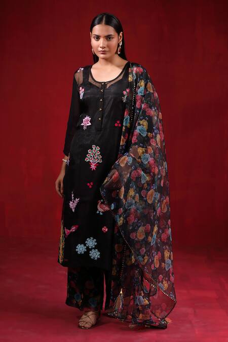 Shop_Ruh Clothing_Black Organza Beads, Embroidery Round Neck Thread Kurta Palazzo Set _Online_at_Aza_Fashions