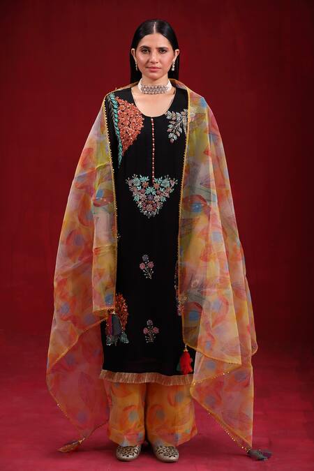 Ruh Clothing_Black Organza Sequins, Beads, Zari Round Floral Embroidered Kurta Palazzo Set _Online_at_Aza_Fashions