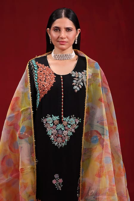 Buy Ruh Clothing Black Organza Sequins, Beads, Zari Round Floral Embroidered Kurta Palazzo Set Online at Aza Fashions Buy_Ruh Clothing_Black Organza Sequins, Beads, Zari Round Floral Embroidered Kurta Palazzo Set _Online_at_Aza_Fashions