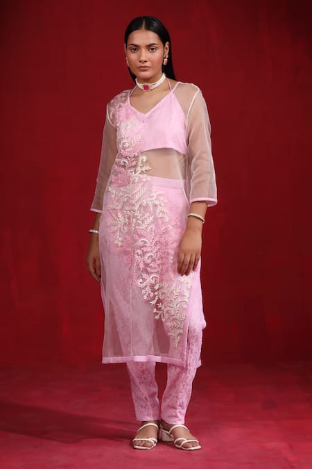 Ruh Clothing Pink Organza Hand Embroidered And Printed Beads Kurta V Neck Thread Pant Set 