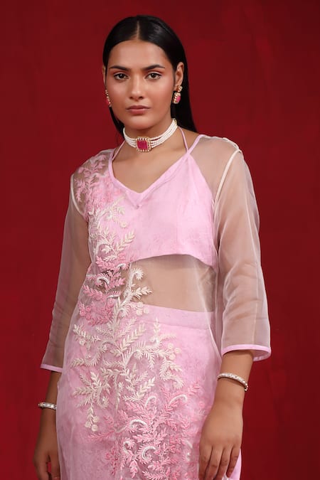 Ruh Clothing Pink Organza Sequins, Zari, Beads, Lace Thread Embroidered Kurta Pant Set Online at Aza Fashions Ruh Clothing_Pink Organza Sequins, Zari, Beads, Lace Thread Embroidered Kurta Pant Set _Online_at_Aza_Fashions