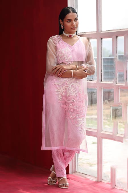 Buy_Ruh Clothing_Pink Organza Sequins, Zari, Beads, Lace Thread Embroidered Kurta Pant Set _Online_at_Aza_Fashions