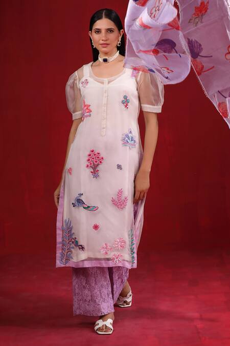 Ruh Clothing_Ivory Organza Beads, Embroidery, Lace Round Neck And Purple Hand Kurta Set _Online_at_Aza_Fashions