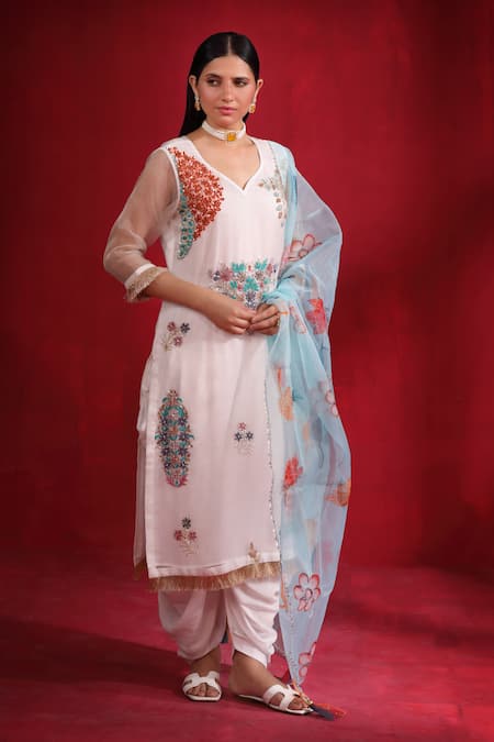 Ruh Clothing_Ivory Organza Sequins, Beads, Zari, Pearls Embroidered Kurta Draped Pant Set _Online_at_Aza_Fashions