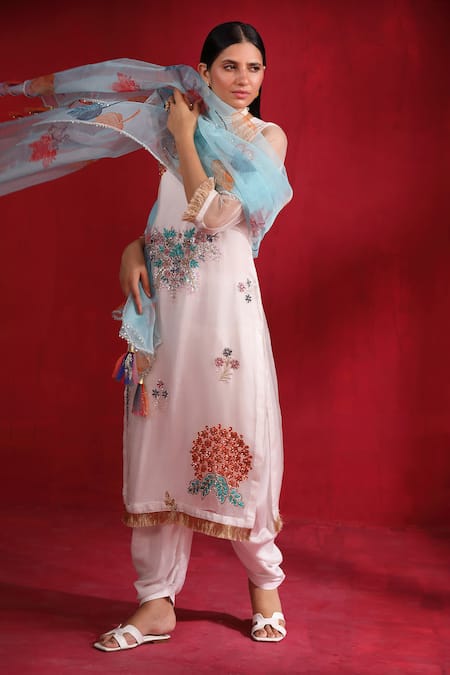 Buy_Ruh Clothing_Ivory Organza Sequins, Beads, Zari, Pearls Embroidered Kurta Draped Pant Set _Online_at_Aza_Fashions