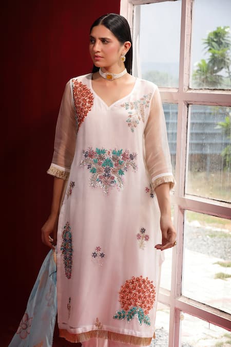 Shop_Ruh Clothing_Ivory Organza Sequins, Beads, Zari, Pearls Embroidered Kurta Draped Pant Set _Online_at_Aza_Fashions