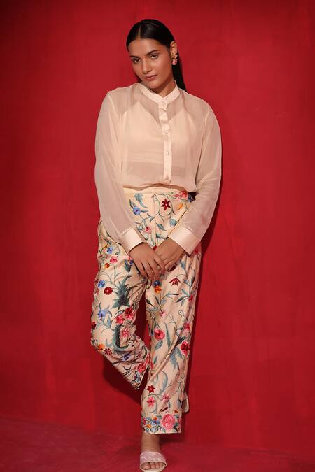 Shop_Ruh Clothing_Beige Organza, Chanderi Embroidery Halter Neck, Bandeau Floral Thread Pant Set _Online_at_Aza_Fashions