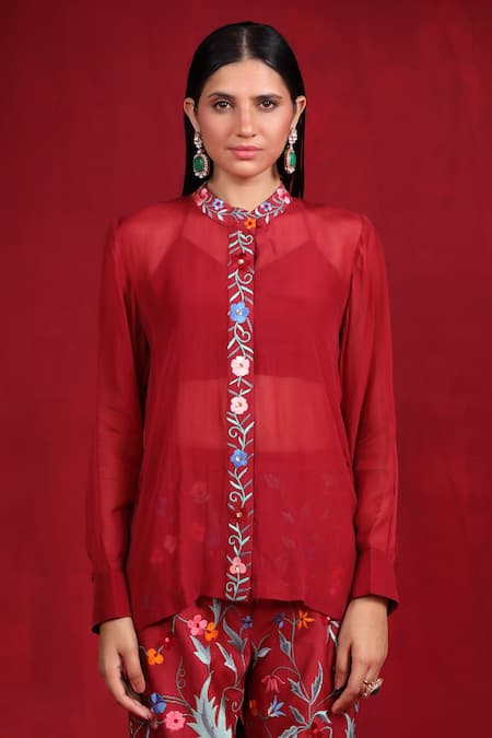 Ruh Clothing_Maroon Organza, Chanderi Embroidery Halter Neck, Floral Thread Work Pant Set _Online_at_Aza_Fashions