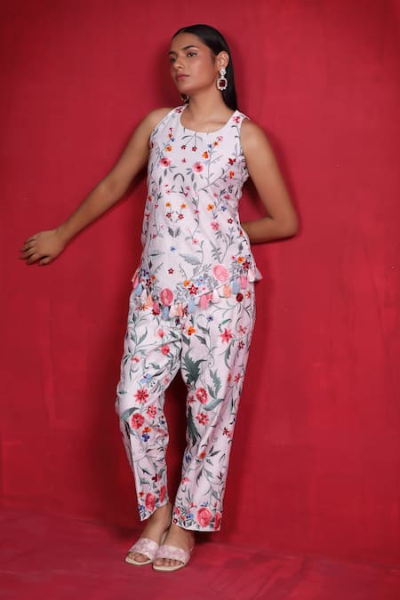 Buy_Ruh Clothing_Ivory Chanderi Tassels, Embroidery Round Neck Top And Pant Set _Online_at_Aza_Fashions
