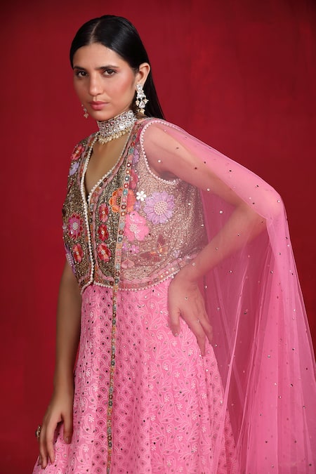 Ruh Clothing_Pink Georgette Pearls, Sequins, Beads Chikankari Embroidered Anarkali Jacket Set _Online_at_Aza_Fashions