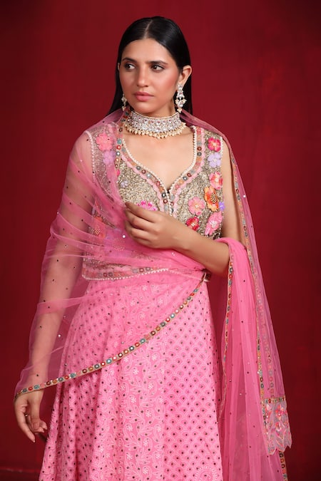 Buy_Ruh Clothing_Pink Georgette Pearls, Sequins, Beads Chikankari Embroidered Anarkali Jacket Set _Online_at_Aza_Fashions